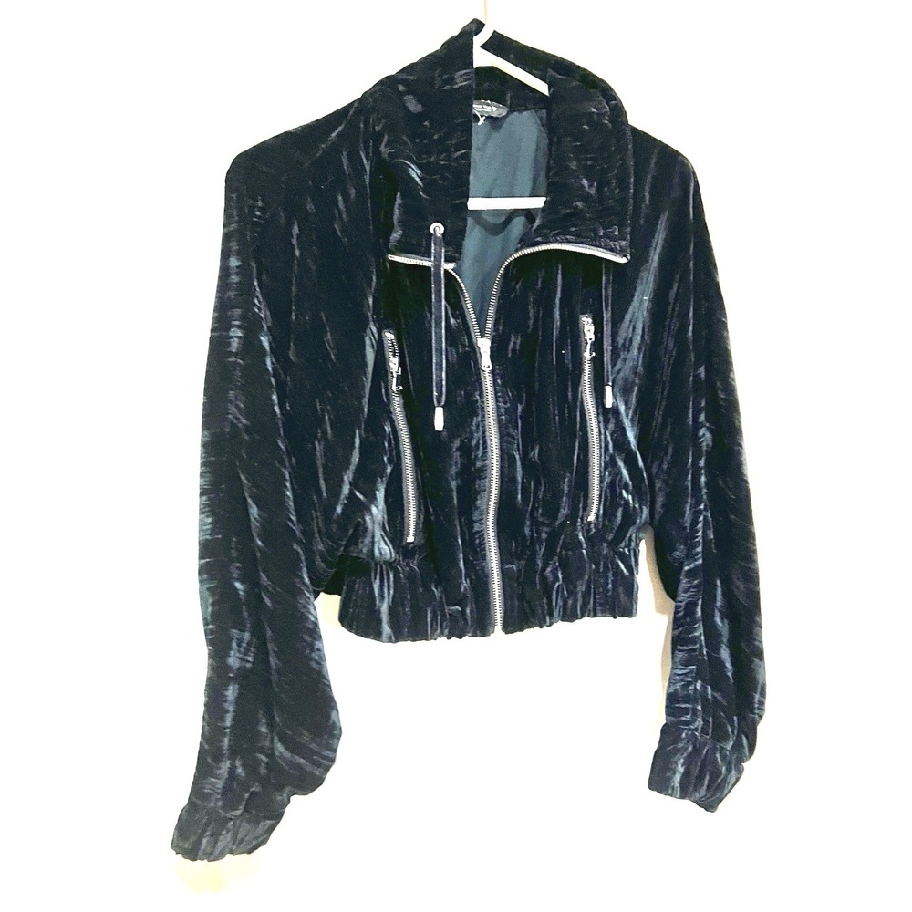 Zara Black Crushed Velvet Bomber Jacket Cropped Full Zip Pockets Womens XS
